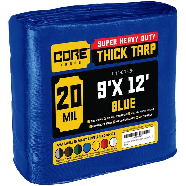 Core Tarps 12 ft L x 0.5 mm H x 9 ft W Heavy Duty 20 Mil Tarp, Blue, Polyethylene CT-705-9X12
